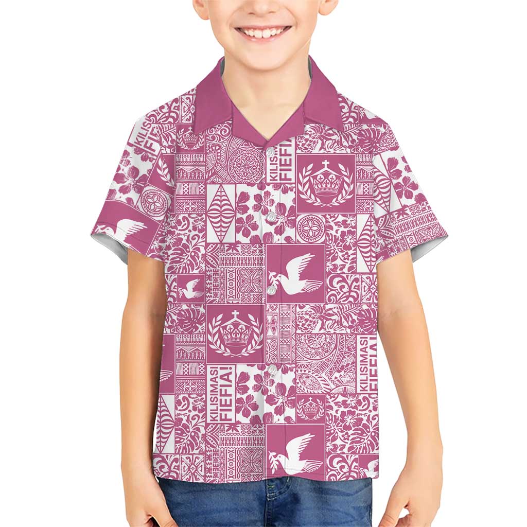 Pink Tonga Kilisimasi Fiefia Family Matching Off The Shoulder Long Sleeve Dress and Hawaiian Shirt Pacific Patchwork Xmas Vibes LT9 Son's Shirt Pink - Polynesian Pride