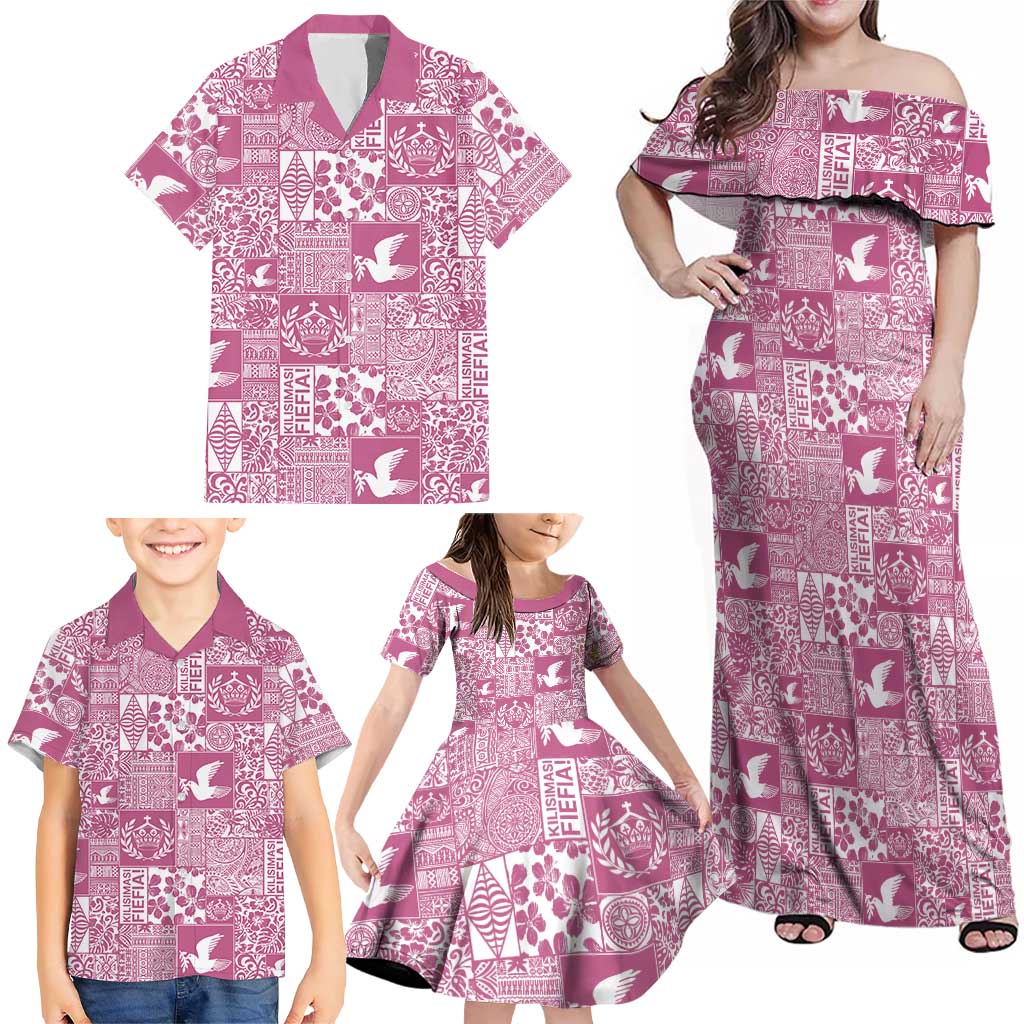 Pink Tonga Kilisimasi Fiefia Family Matching Off Shoulder Maxi Dress and Hawaiian Shirt Pacific Patchwork Xmas Vibes - Polynesian Pride