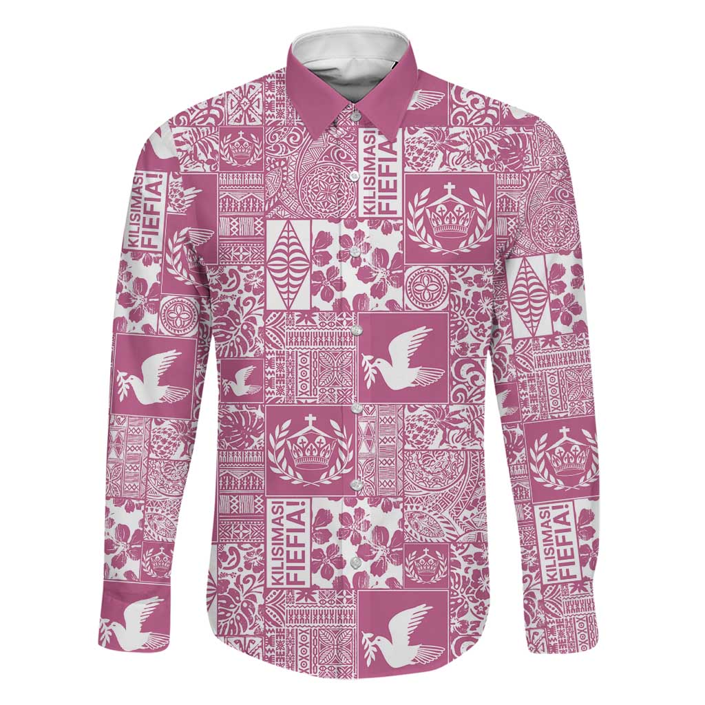 Pink Tonga Kilisimasi Fiefia Family Matching Off Shoulder Maxi Dress and Hawaiian Shirt Pacific Patchwork Xmas Vibes LT9 Dad's Shirt - Long Sleeve Pink - Polynesian Pride