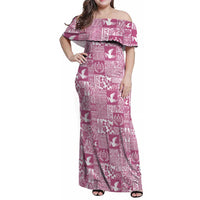 Pink Tonga Kilisimasi Fiefia Family Matching Off Shoulder Maxi Dress and Hawaiian Shirt Pacific Patchwork Xmas Vibes LT9 Mom's Dress Pink - Polynesian Pride