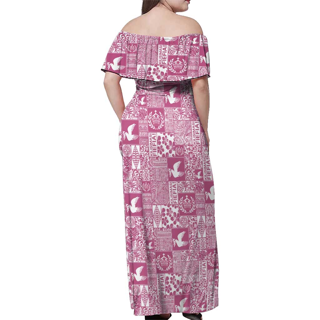 Pink Tonga Kilisimasi Fiefia Family Matching Off Shoulder Maxi Dress and Hawaiian Shirt Pacific Patchwork Xmas Vibes LT9 - Polynesian Pride