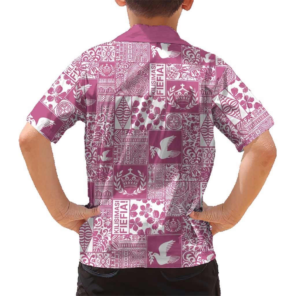 Pink Tonga Kilisimasi Fiefia Family Matching Off Shoulder Short Dress and Hawaiian Shirt Pacific Patchwork Xmas Vibes LT9 - Polynesian Pride