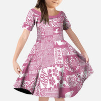 Pink Tonga Kilisimasi Fiefia Family Matching Off Shoulder Short Dress and Hawaiian Shirt Pacific Patchwork Xmas Vibes LT9 Daughter's Dress Pink - Polynesian Pride