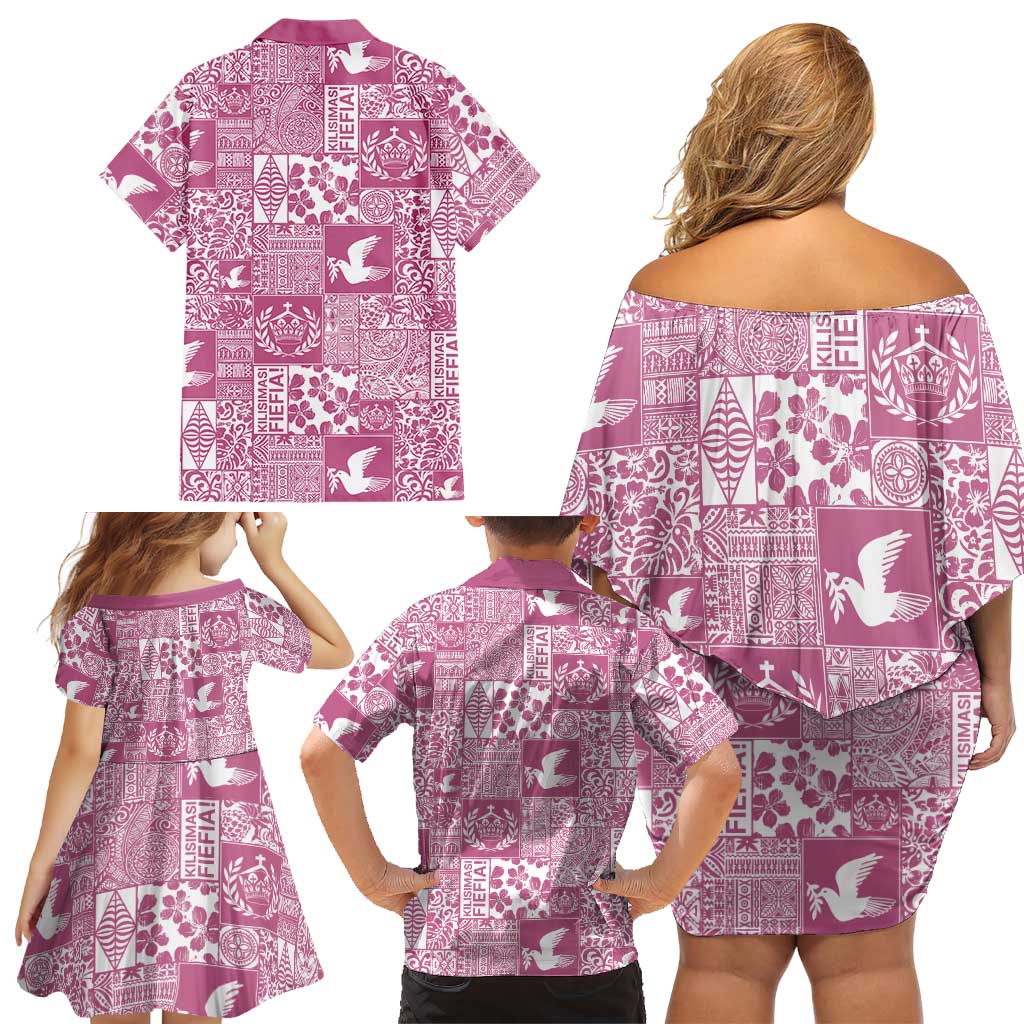 Pink Tonga Kilisimasi Fiefia Family Matching Off Shoulder Short Dress and Hawaiian Shirt Pacific Patchwork Xmas Vibes LT9 - Polynesian Pride