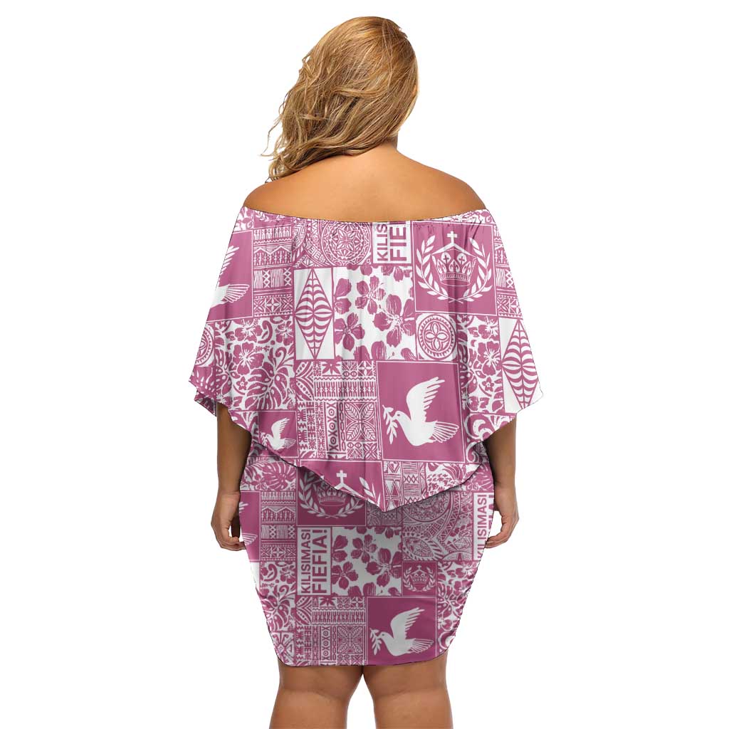 Pink Tonga Kilisimasi Fiefia Family Matching Off Shoulder Short Dress and Hawaiian Shirt Pacific Patchwork Xmas Vibes LT9 - Polynesian Pride