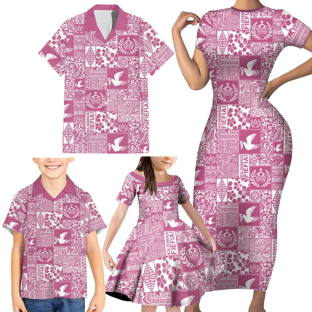 Pink Tonga Kilisimasi Fiefia Family Matching Short Sleeve Bodycon Dress and Hawaiian Shirt Pacific Patchwork Xmas Vibes - Polynesian Pride