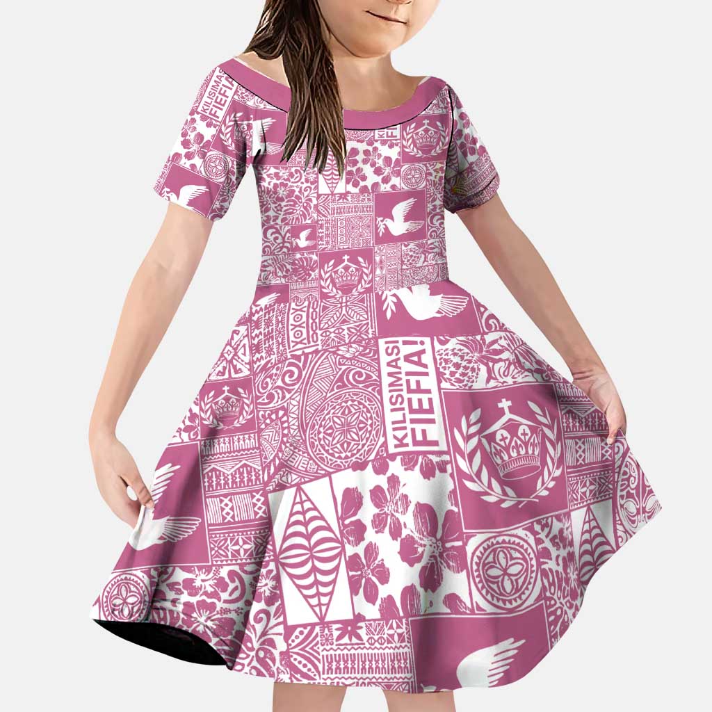 Pink Tonga Kilisimasi Fiefia Family Matching Summer Maxi Dress and Hawaiian Shirt Pacific Patchwork Xmas Vibes LT9 Daughter's Dress Pink - Polynesian Pride
