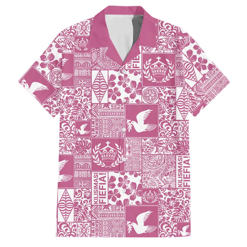 Pink Tonga Kilisimasi Fiefia Family Matching Tank Maxi Dress and Hawaiian Shirt Pacific Patchwork Xmas Vibes LT9 Dad's Shirt - Short Sleeve Pink - Polynesian Pride