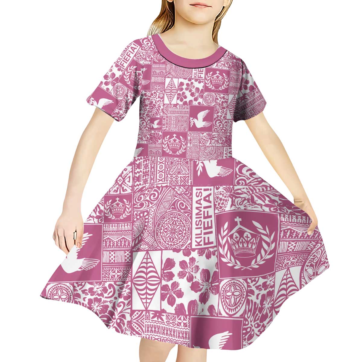 Pink Tonga Kilisimasi Fiefia Kid Short Sleeve Dress Pacific Patchwork Xmas Vibes - Polynesian Pride