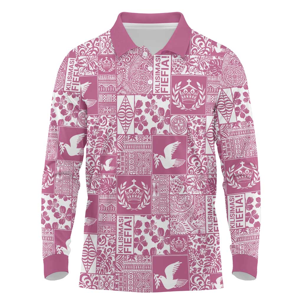 Pink Tonga Kilisimasi Fiefia Long Sleeve Polo Shirt Pacific Patchwork Xmas Vibes LT9 Pink - Polynesian Pride