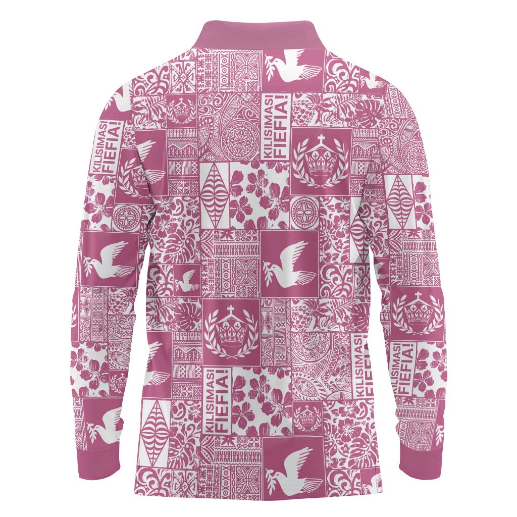 Pink Tonga Kilisimasi Fiefia Long Sleeve Polo Shirt Pacific Patchwork Xmas Vibes LT9 - Polynesian Pride