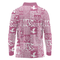 Pink Tonga Kilisimasi Fiefia Long Sleeve Polo Shirt Pacific Patchwork Xmas Vibes LT9 - Polynesian Pride