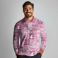 Pink Tonga Kilisimasi Fiefia Long Sleeve Polo Shirt Pacific Patchwork Xmas Vibes LT9 - Polynesian Pride