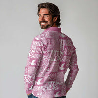 Pink Tonga Kilisimasi Fiefia Long Sleeve Polo Shirt Pacific Patchwork Xmas Vibes LT9 - Polynesian Pride
