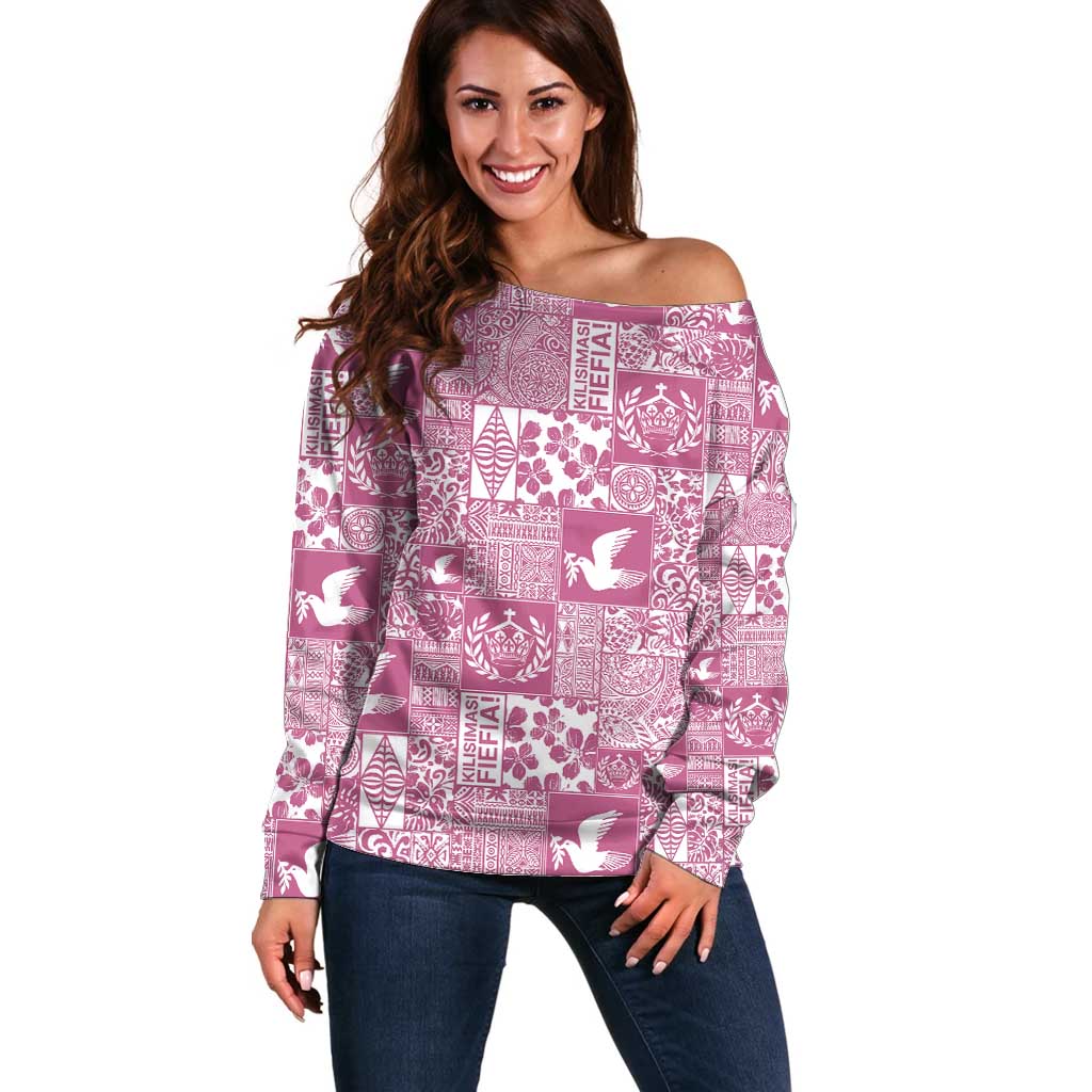 Pink Tonga Kilisimasi Fiefia Off Shoulder Sweater Pacific Patchwork Xmas Vibes - Polynesian Pride