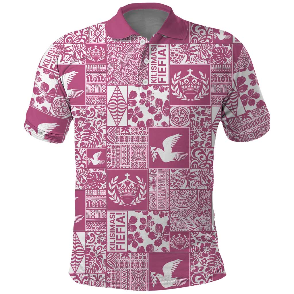 Pink Tonga Kilisimasi Fiefia Polo Shirt Pacific Patchwork Xmas Vibes LT9 Pink - Polynesian Pride