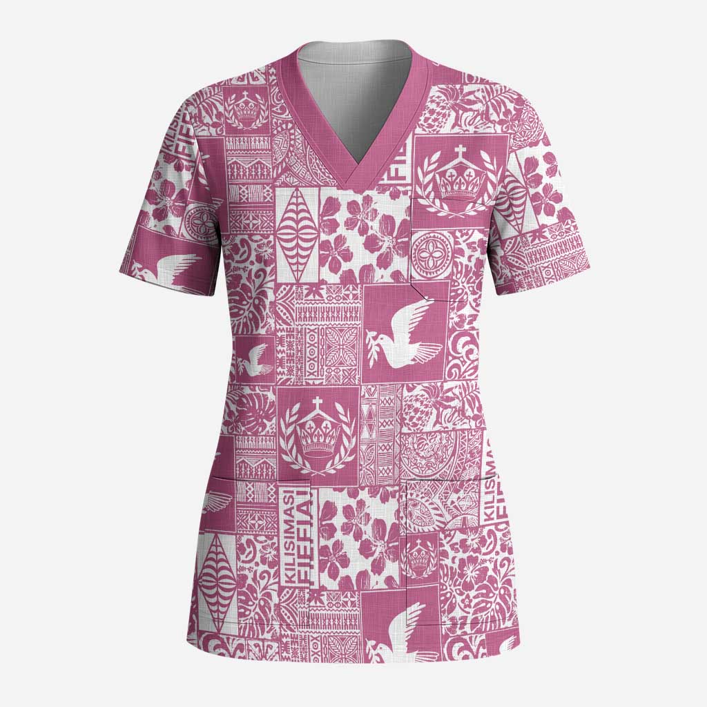 Pink Tonga Kilisimasi Fiefia Scrub Top Pacific Patchwork Xmas Vibes LT9 Adult Pink - Polynesian Pride
