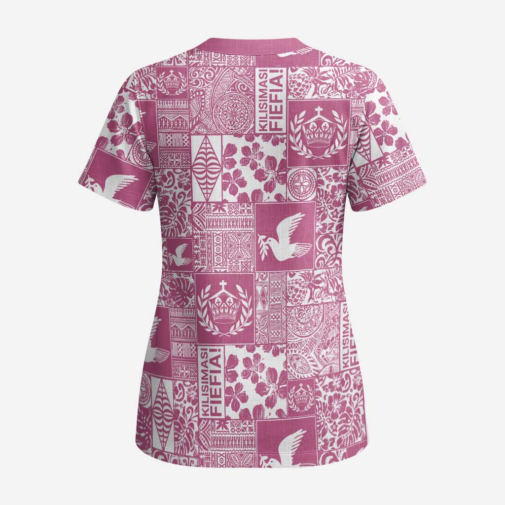 Pink Tonga Kilisimasi Fiefia Scrub Top Pacific Patchwork Xmas Vibes LT9 - Polynesian Pride