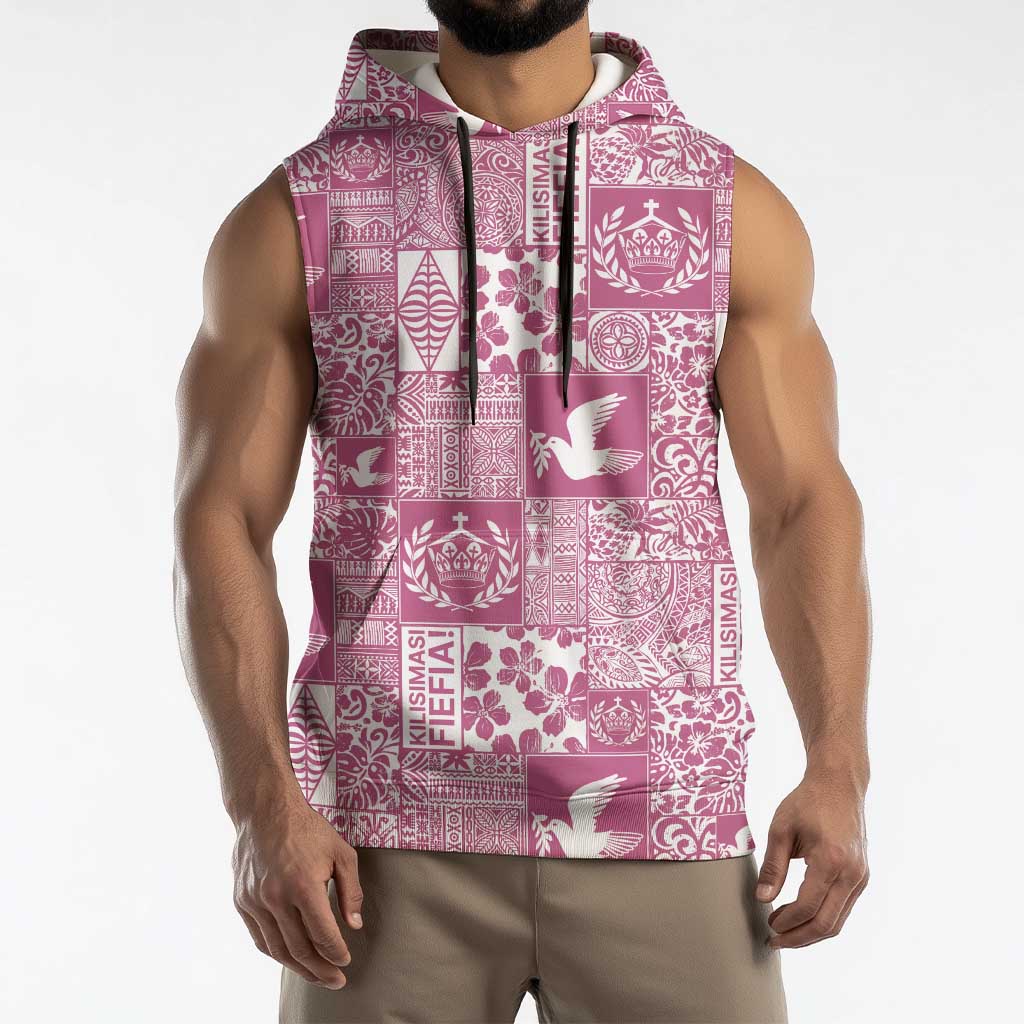 Pink Tonga Kilisimasi Fiefia Sleeveless Hoodie Pacific Patchwork Xmas Vibes LT9 - Polynesian Pride