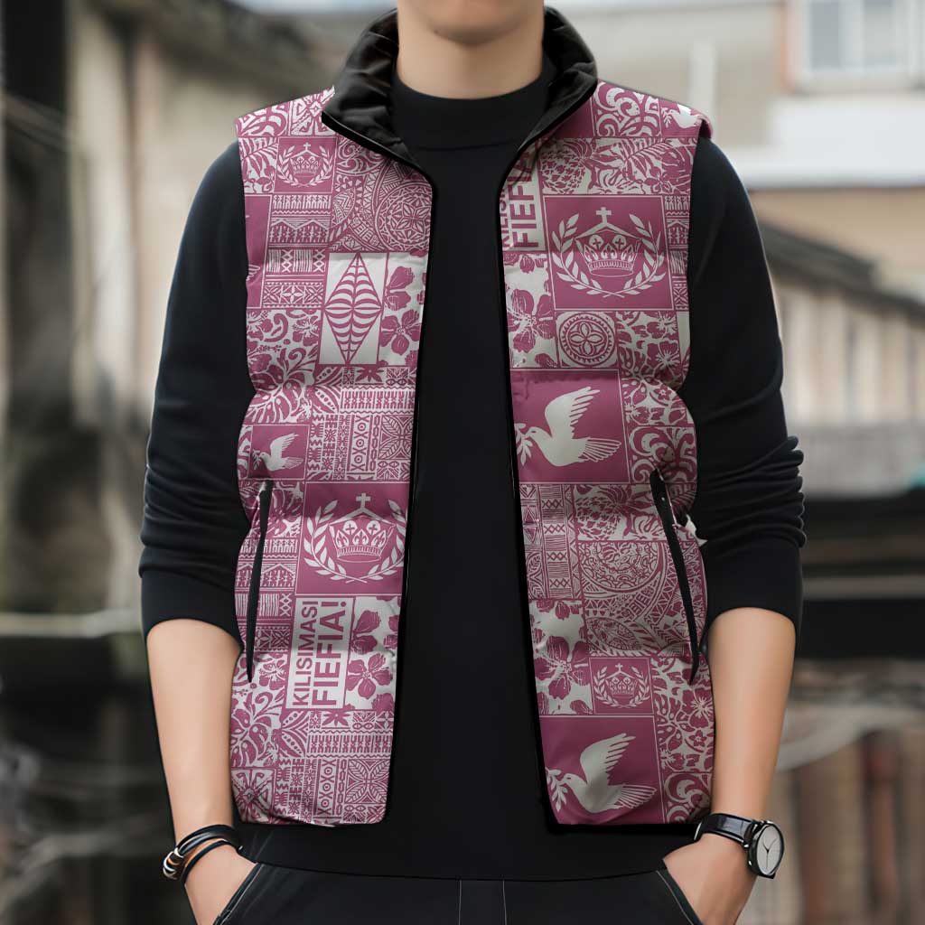 Pink Tonga Kilisimasi Fiefia Sleeveless Puffer Jacket Pacific Patchwork Xmas Vibes - Polynesian Pride