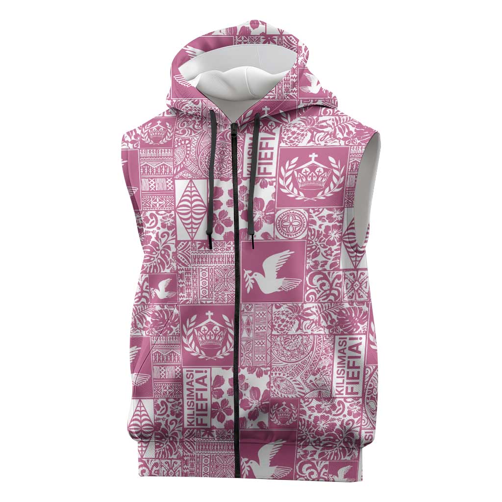 Pink Tonga Kilisimasi Fiefia Sleeveless Zip Hoodie Pacific Patchwork Xmas Vibes LT9 Pink - Polynesian Pride