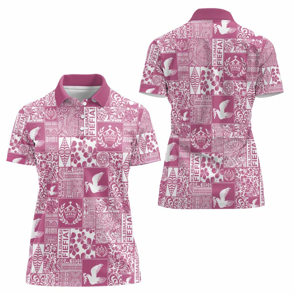 Pink Tonga Kilisimasi Fiefia Women Polo Shirt Pacific Patchwork Xmas Vibes - Polynesian Pride