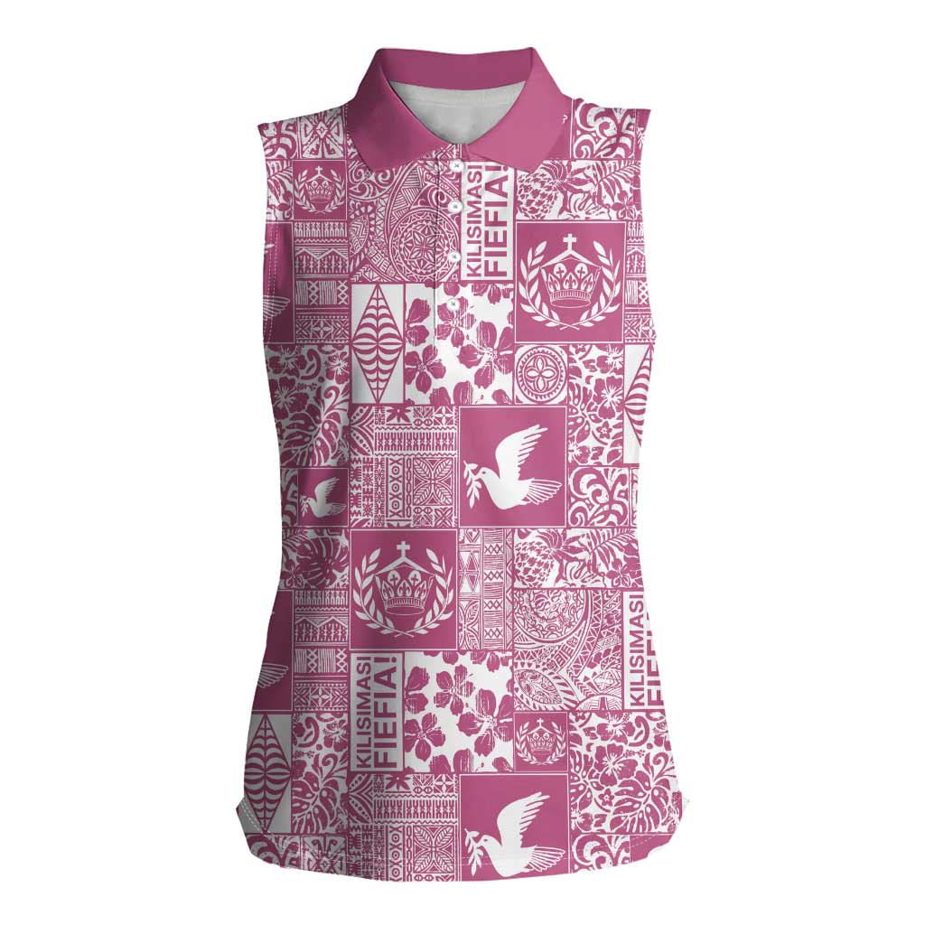 Pink Tonga Kilisimasi Fiefia Women Sleeveless Polo Shirt Pacific Patchwork Xmas Vibes LT9 Female Pink - Polynesian Pride