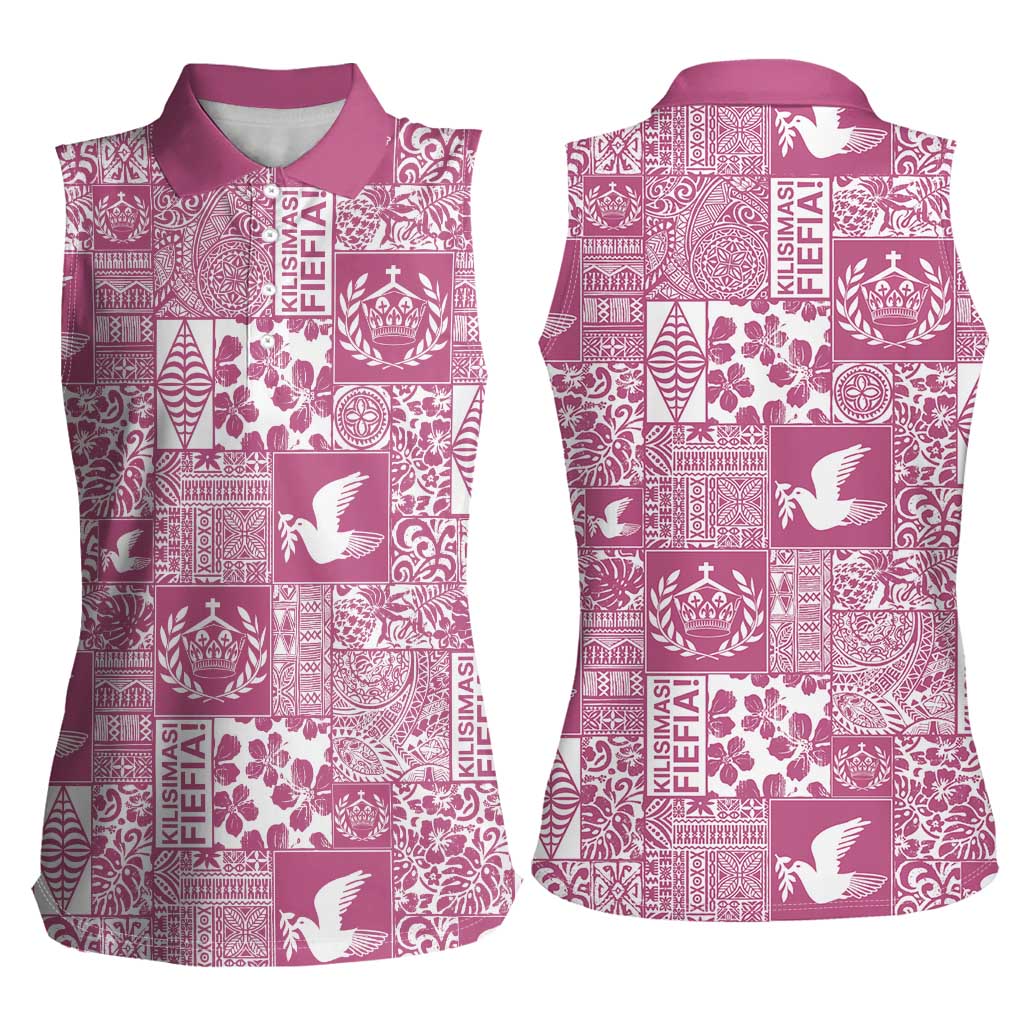 Pink Tonga Kilisimasi Fiefia Women Sleeveless Polo Shirt Pacific Patchwork Xmas Vibes LT9 - Polynesian Pride