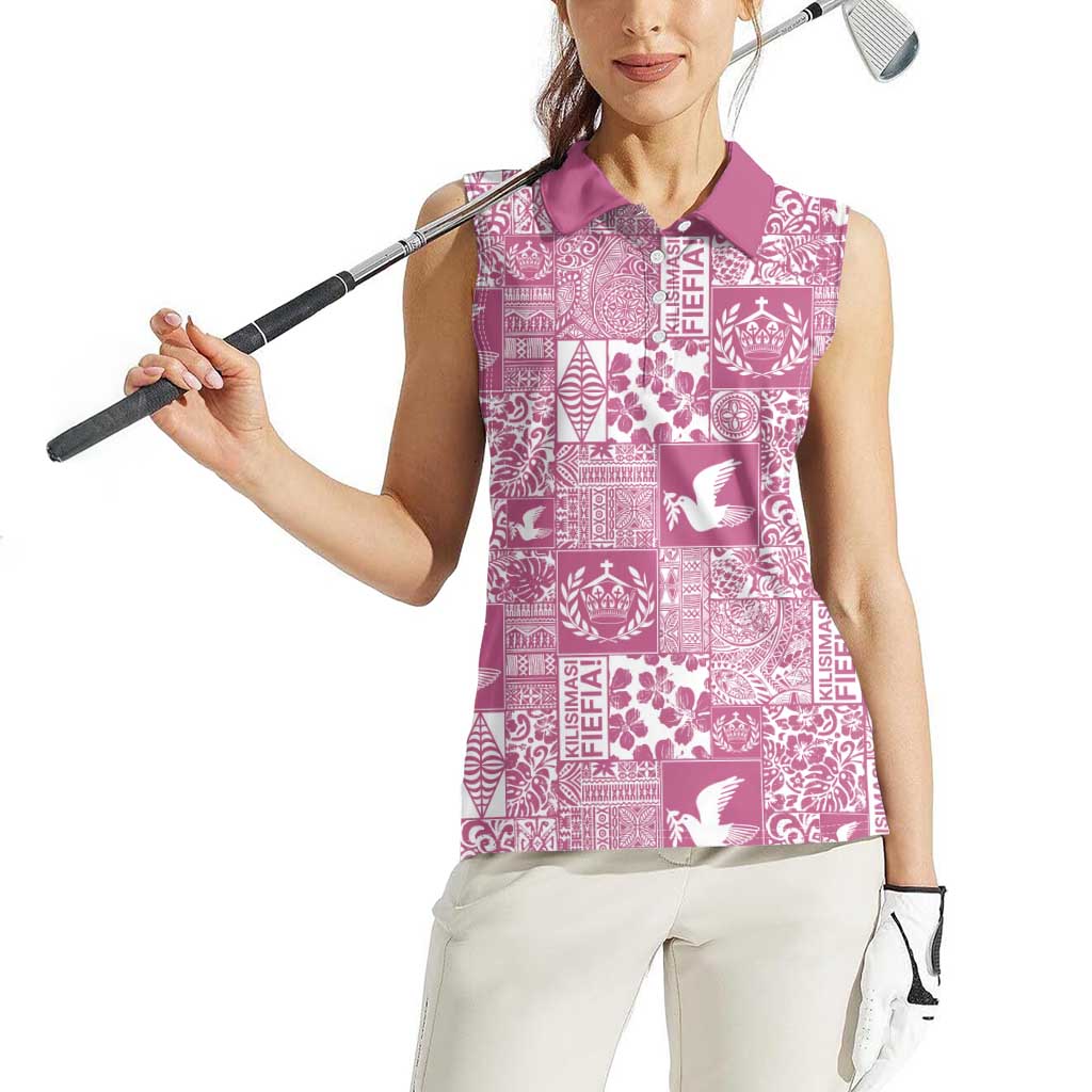 Pink Tonga Kilisimasi Fiefia Women Sleeveless Polo Shirt Pacific Patchwork Xmas Vibes LT9 - Polynesian Pride