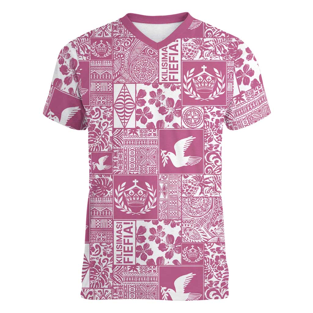 Pink Tonga Kilisimasi Fiefia Women V-Neck T-Shirt Pacific Patchwork Xmas Vibes - Polynesian Pride