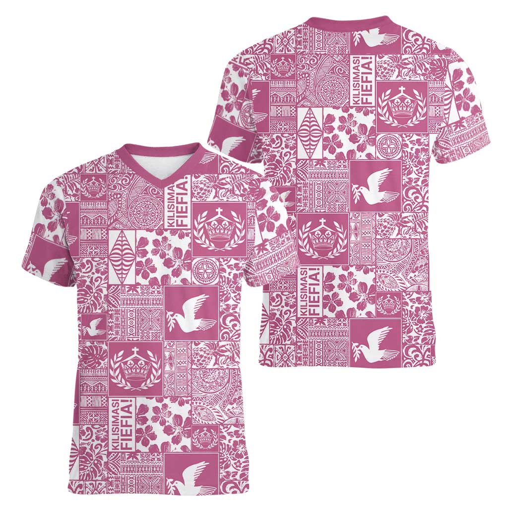 Pink Tonga Kilisimasi Fiefia Women V-Neck T-Shirt Pacific Patchwork Xmas Vibes - Polynesian Pride
