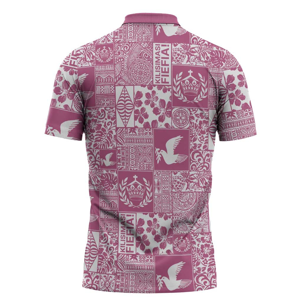Pink Tonga Kilisimasi Fiefia Zipper Polo Shirt Pacific Patchwork Xmas Vibes - Polynesian Pride