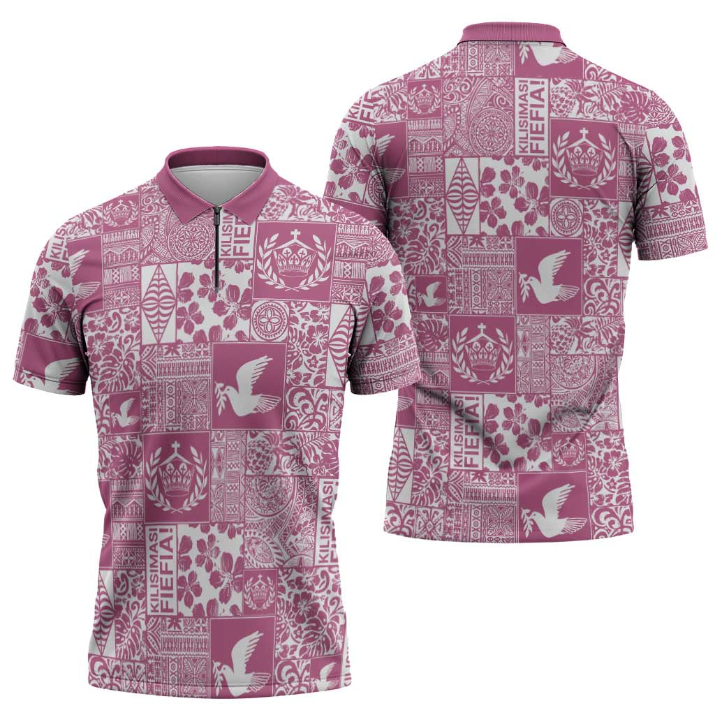 Pink Tonga Kilisimasi Fiefia Zipper Polo Shirt Pacific Patchwork Xmas Vibes - Polynesian Pride
