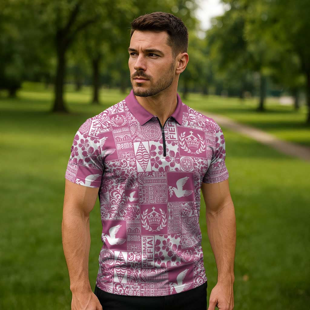 Pink Tonga Kilisimasi Fiefia Zipper Polo Shirt Pacific Patchwork Xmas Vibes - Polynesian Pride