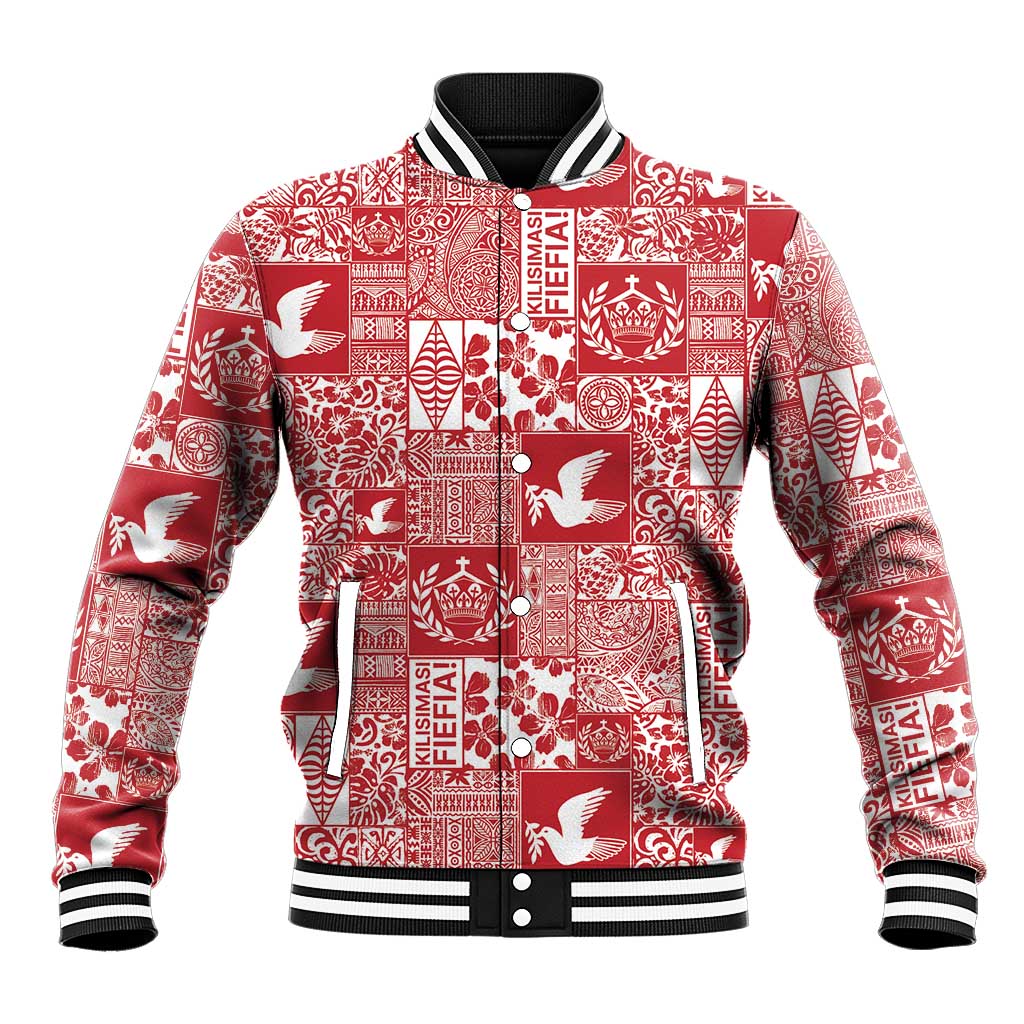 Red Tonga Kilisimasi Fiefia Baseball Jacket Pacific Patchwork Xmas Vibes LT9 Unisex Red - Polynesian Pride