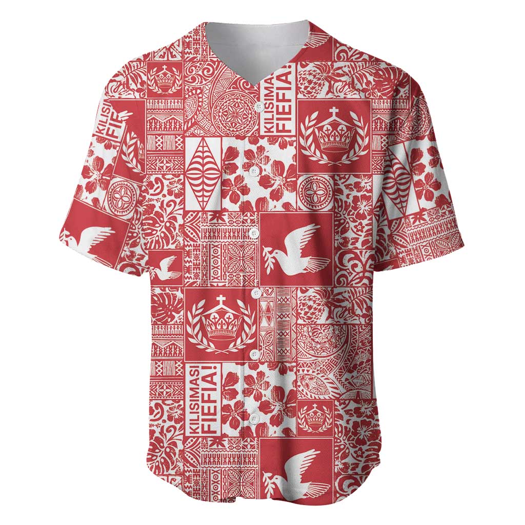 Red Tonga Kilisimasi Fiefia Baseball Jersey Pacific Patchwork Xmas Vibes - Polynesian Pride