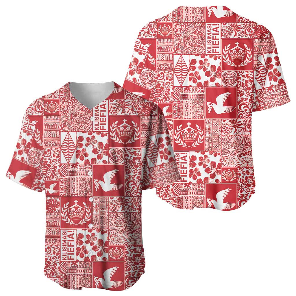 Red Tonga Kilisimasi Fiefia Baseball Jersey Pacific Patchwork Xmas Vibes - Polynesian Pride