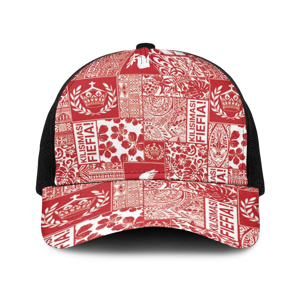 Red Tonga Kilisimasi Fiefia Baseball Net Cap Pacific Patchwork Xmas Vibes - Polynesian Pride