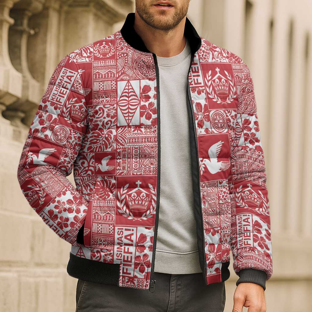 Red Tonga Kilisimasi Fiefia Bomber Puffer Jacket Pacific Patchwork Xmas Vibes - Polynesian Pride