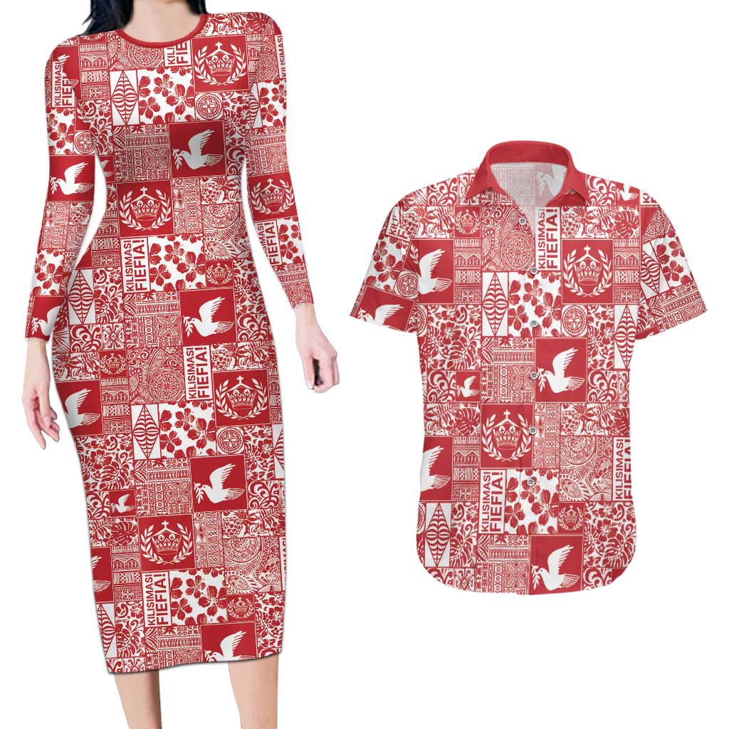 Red Tonga Kilisimasi Fiefia Couples Matching Long Sleeve Bodycon Dress and Hawaiian Shirt Pacific Patchwork Xmas Vibes LT9 Red - Polynesian Pride