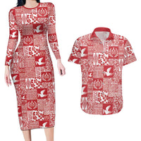 Red Tonga Kilisimasi Fiefia Couples Matching Long Sleeve Bodycon Dress and Hawaiian Shirt Pacific Patchwork Xmas Vibes LT9 Red - Polynesian Pride