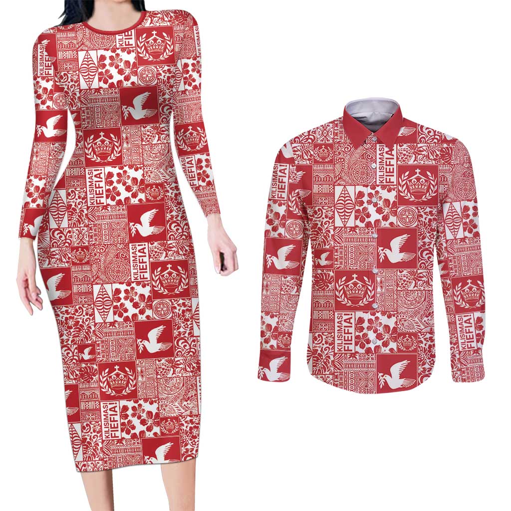Red Tonga Kilisimasi Fiefia Couples Matching Long Sleeve Bodycon Dress and Long Sleeve Button Shirt Pacific Patchwork Xmas Vibes LT9 Red - Polynesian Pride