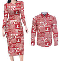 Red Tonga Kilisimasi Fiefia Couples Matching Long Sleeve Bodycon Dress and Long Sleeve Button Shirt Pacific Patchwork Xmas Vibes LT9 Red - Polynesian Pride