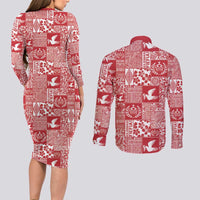Red Tonga Kilisimasi Fiefia Couples Matching Long Sleeve Bodycon Dress and Long Sleeve Button Shirt Pacific Patchwork Xmas Vibes LT9 - Polynesian Pride