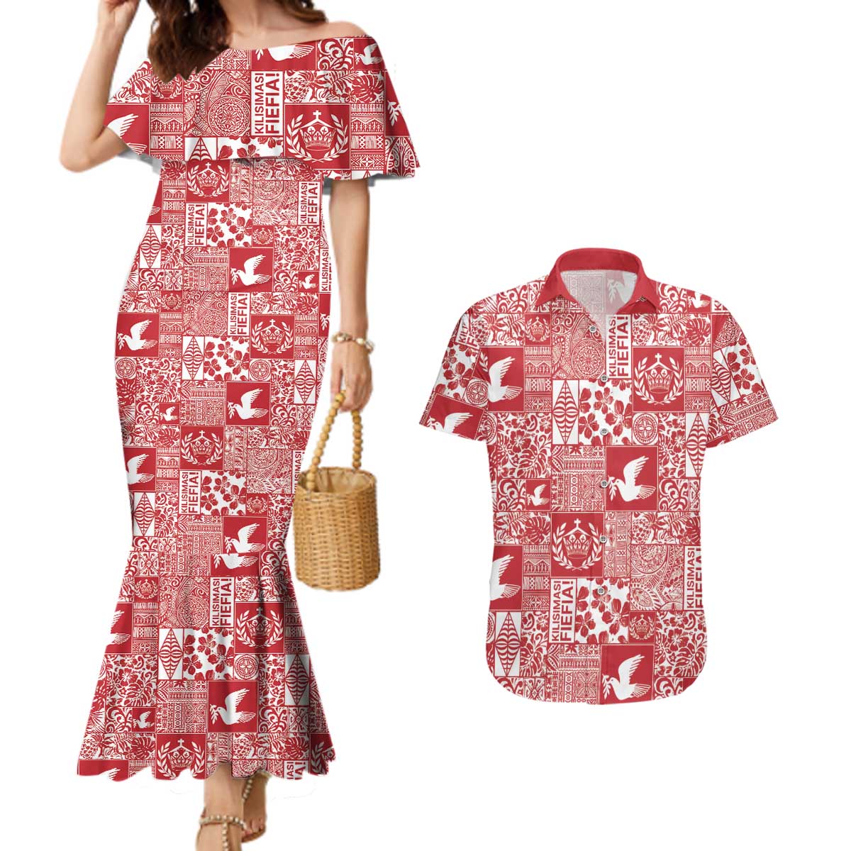 Red Tonga Kilisimasi Fiefia Couples Matching Mermaid Dress and Hawaiian Shirt Pacific Patchwork Xmas Vibes LT9 Red - Polynesian Pride