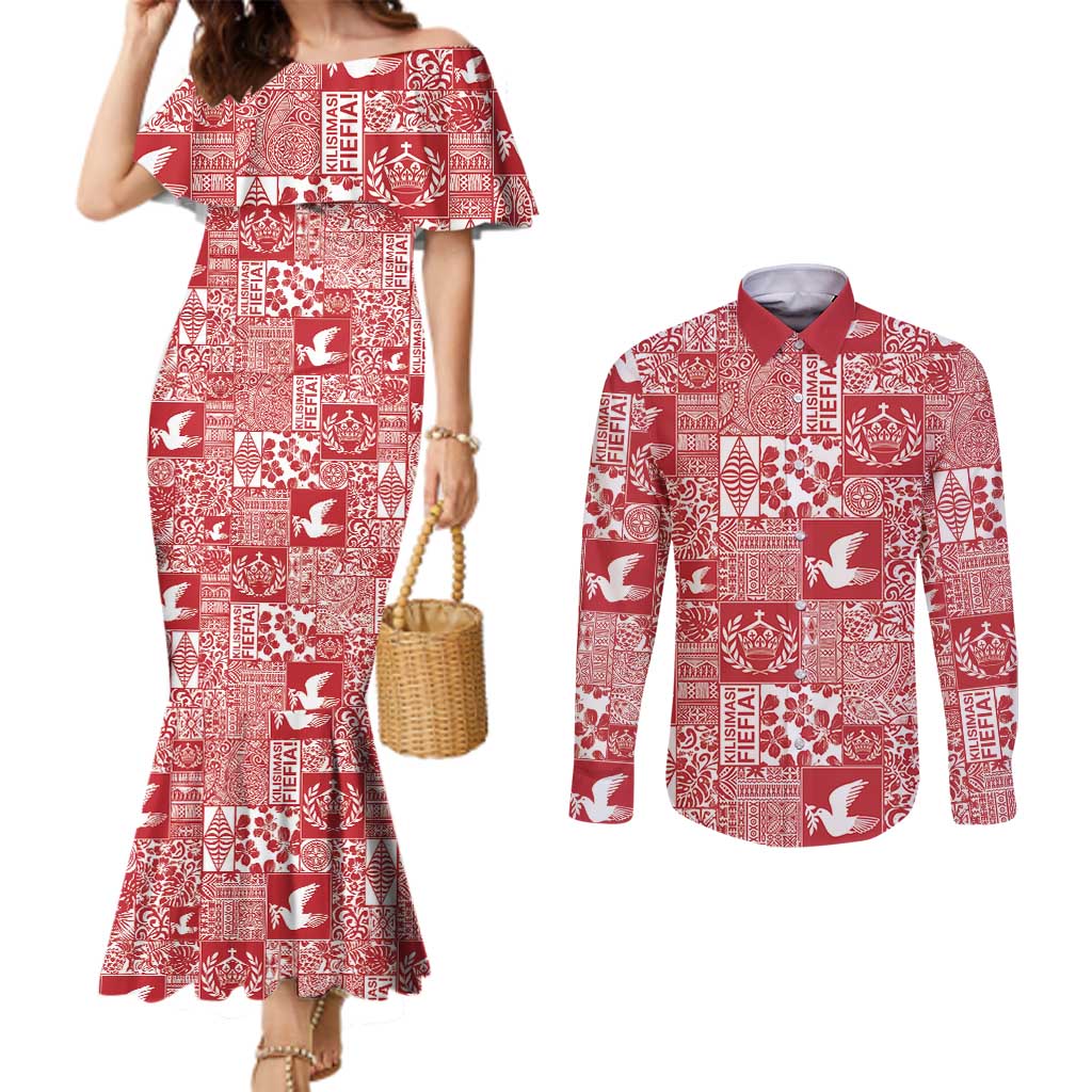Red Tonga Kilisimasi Fiefia Couples Matching Mermaid Dress and Long Sleeve Button Shirt Pacific Patchwork Xmas Vibes LT9 Red - Polynesian Pride