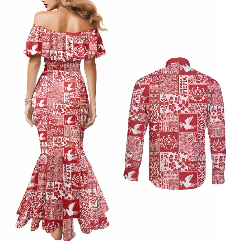 Red Tonga Kilisimasi Fiefia Couples Matching Mermaid Dress and Long Sleeve Button Shirt Pacific Patchwork Xmas Vibes LT9 - Polynesian Pride