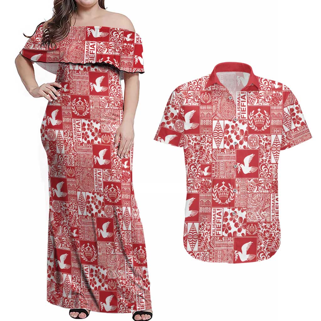 Red Tonga Kilisimasi Fiefia Couples Matching Off Shoulder Maxi Dress and Hawaiian Shirt Pacific Patchwork Xmas Vibes LT9 Red - Polynesian Pride