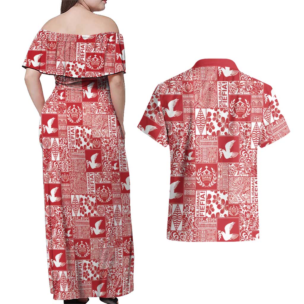 Red Tonga Kilisimasi Fiefia Couples Matching Off Shoulder Maxi Dress and Hawaiian Shirt Pacific Patchwork Xmas Vibes LT9 - Polynesian Pride