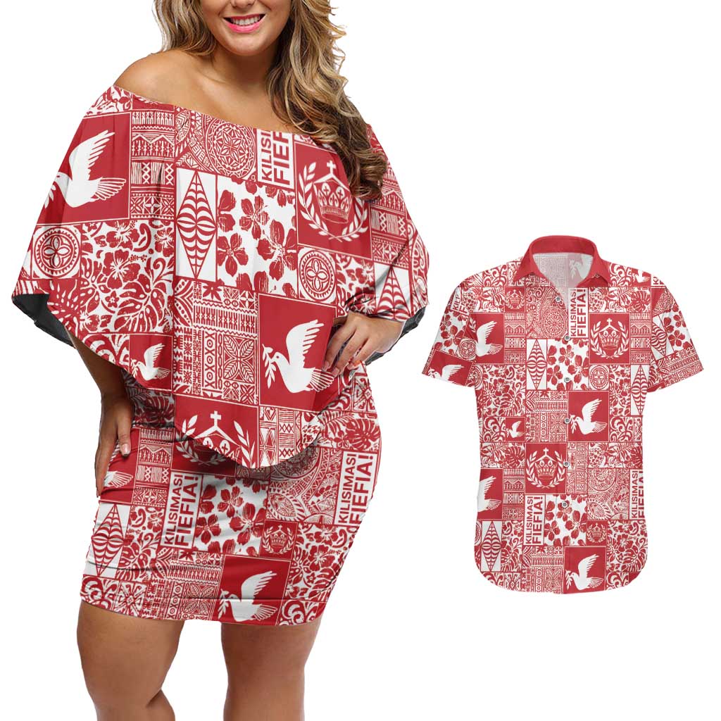 Red Tonga Kilisimasi Fiefia Couples Matching Off Shoulder Short Dress and Hawaiian Shirt Pacific Patchwork Xmas Vibes LT9 Red - Polynesian Pride